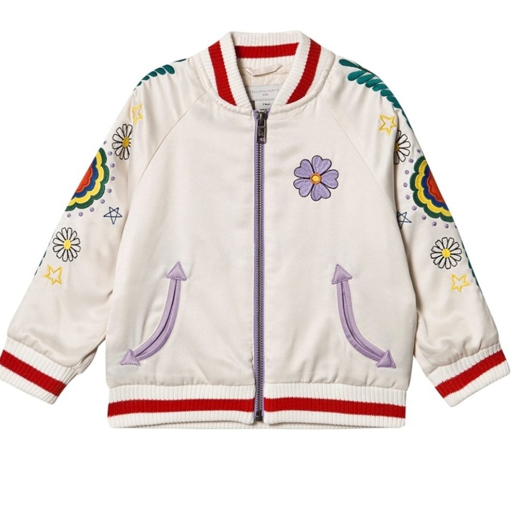 STELLA McCARTNEY KIDS CREAM FLORAL AND RAINBOW BACK EMBROIDERED BOMBER JACKET